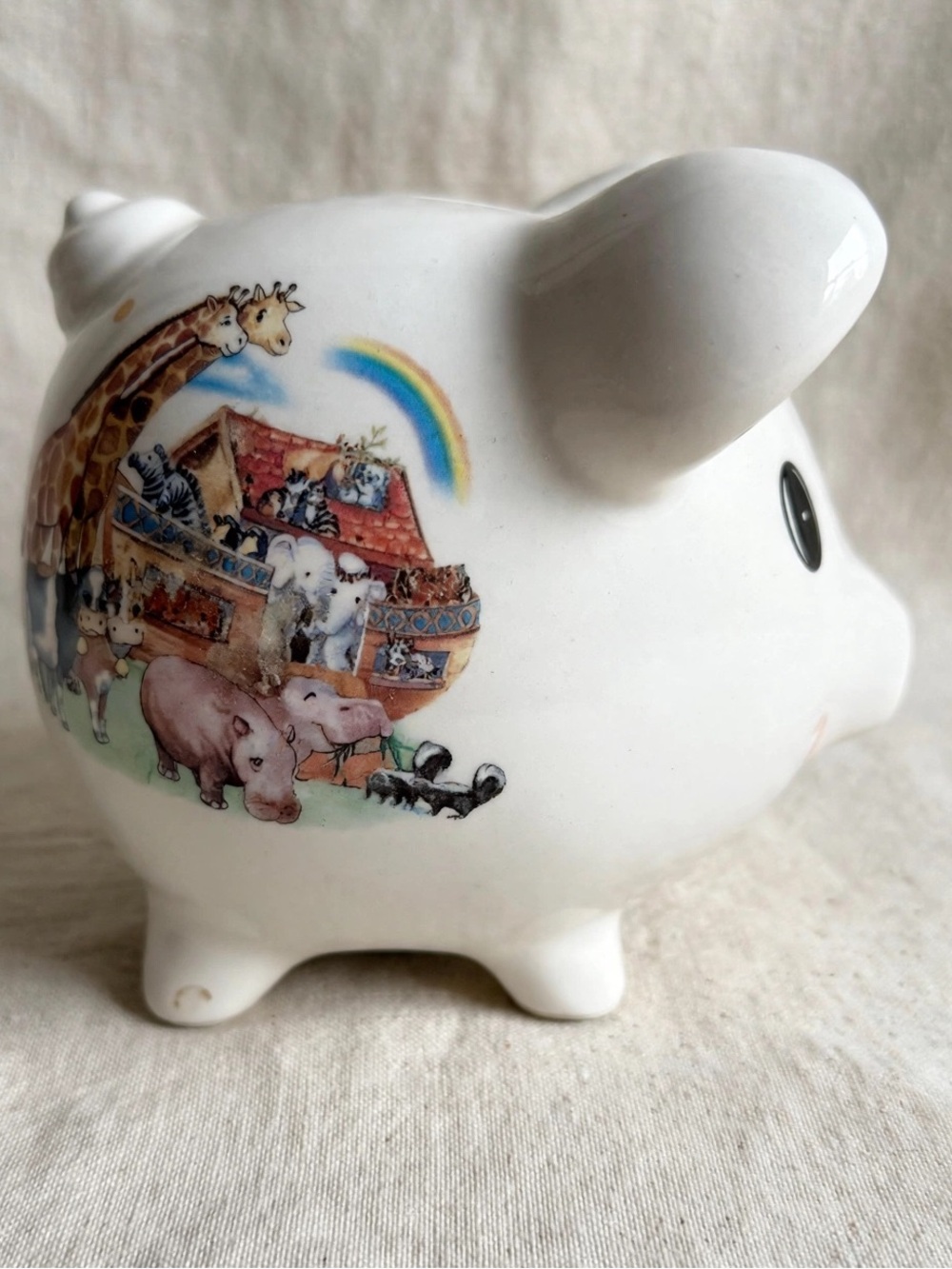 Vintage Ceramic Noah's Ark Piggy Bank | White Animal Nursery Savings Bank